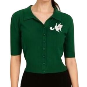 Collectif Christmas Cat Green Cardigan NWT 36 Medium